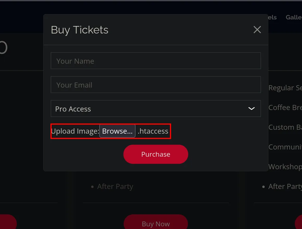 Formulario Buy Tickets con el fichero .htaccess seleccionado en Upload Image