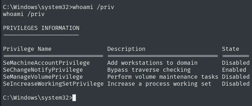 whoami /priv muestra SeManageVolumePrivilege en la lista de privilegios de svc_mssql