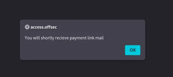 Popup de access.offsec confirmando la subida del rev.test