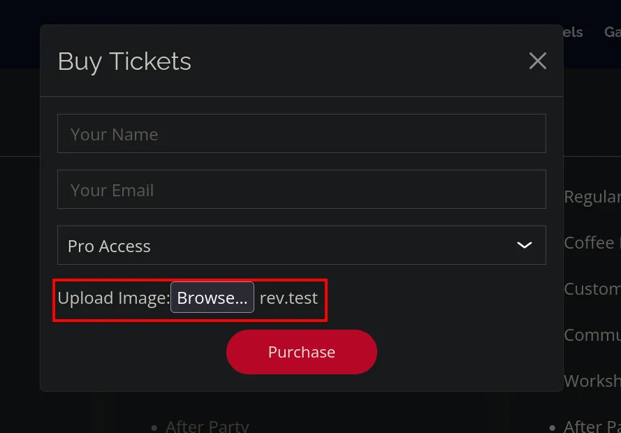 Formulario Buy Tickets con rev.test seleccionado en Upload Image