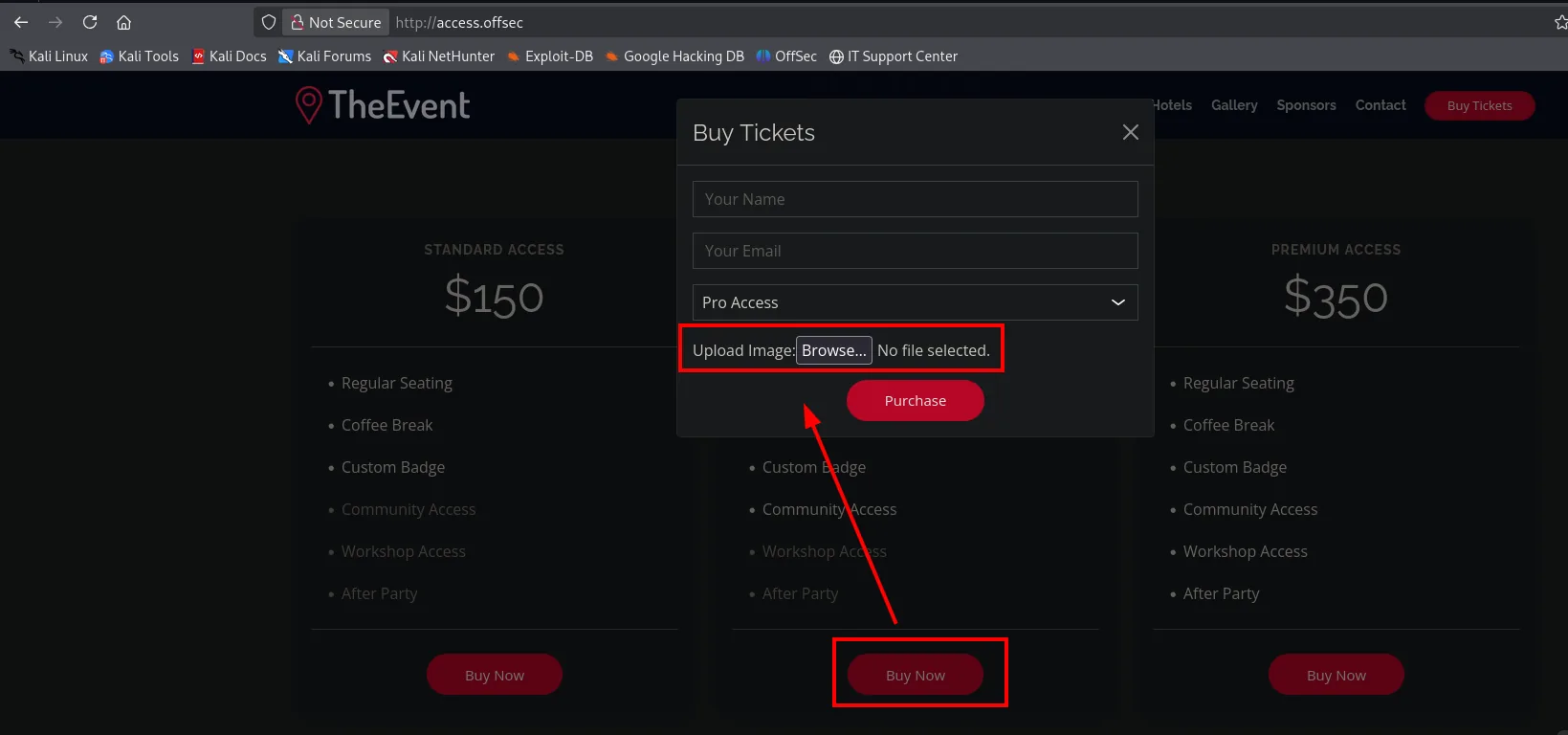 Formulario Buy Tickets de la web Access The Event con un campo Upload Image marcado