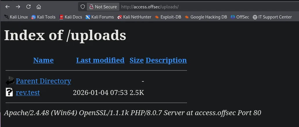 Index of /uploads con rev.test (2.5K) servido por Apache 2.4.48 en access.offsec