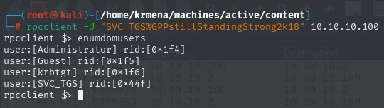 rpcclient enumdomusers lista Administrator, Guest, krbtgt y SVC_TGS con sus RID