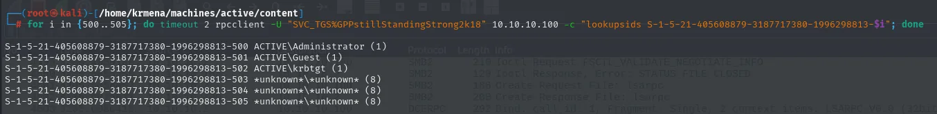 el bucle de RID brute force resuelve 500 Administrator, 501 Guest, 502 krbtgt y el resto como <em>unknown</em>
