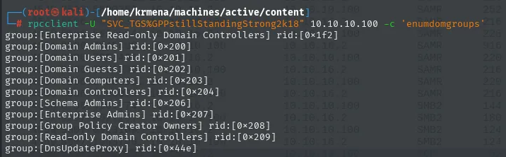 rpcclient enumdomgroups lista Domain Admins, Domain Users, Enterprise Admins, Group Policy Creator Owners, etc. con sus RID