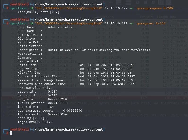 querygroupmem 0x200 y queryuser 0x1f4: la descripción "Built-in account for administering the computer/domain" de Administrator