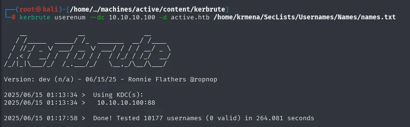 kerbrute prueba 10177 nombres contra el KDC y termina con 0 usuarios válidos