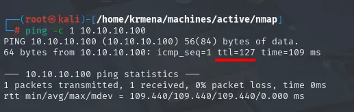 ping a 10.10.10.100 con la respuesta ttl=127 subrayada
