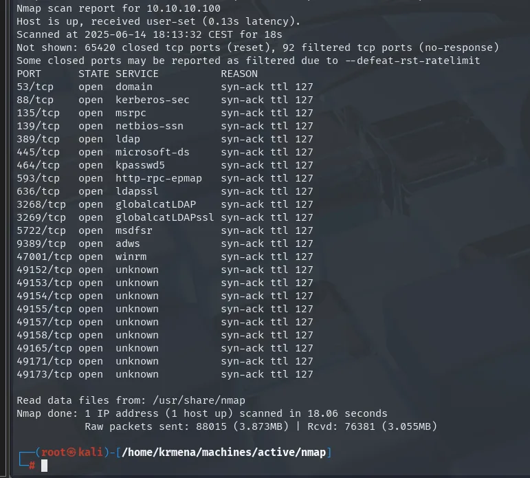 nmap -p- lista los puertos abiertos del DC, todos con ttl 127: 53, 88, 135, 139, 389, 445 y los RPC altos