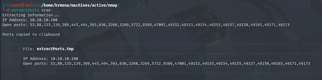 extractPorts resume el escaneo de Active: IP 10.10.10.100 y los veintitrés puertos abiertos, copiados al portapapeles