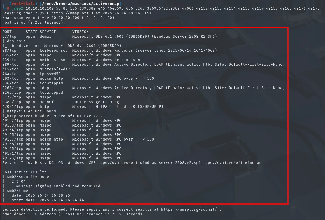 nmap perfila un DC: Kerberos, LDAP, SMB y RPC en 10.10.10.100