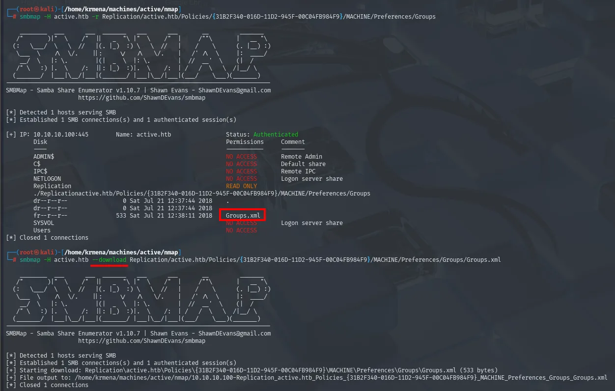 smbmap navega hasta el directorio Groups y descarga Groups.xml