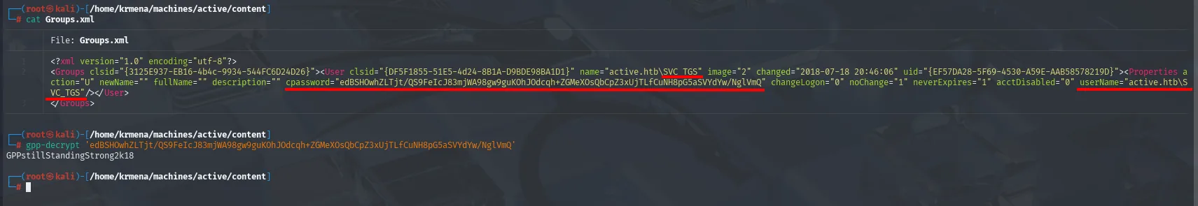 Groups.xml expone el cpassword de SVC_TGS y gpp-decrypt devuelve la contraseña en claro