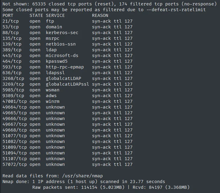 escaneo TCP -p- con la superficie completa de un DC (ftp, kerberos, ldap, smb, winrm...) con ttl 127