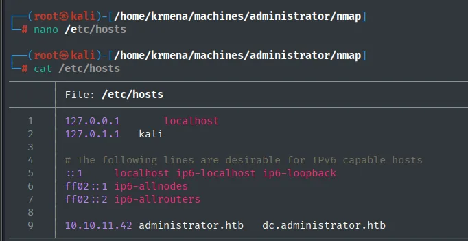 /etc/hosts con 10.10.11.42 administrator.htb dc.administrator.htb