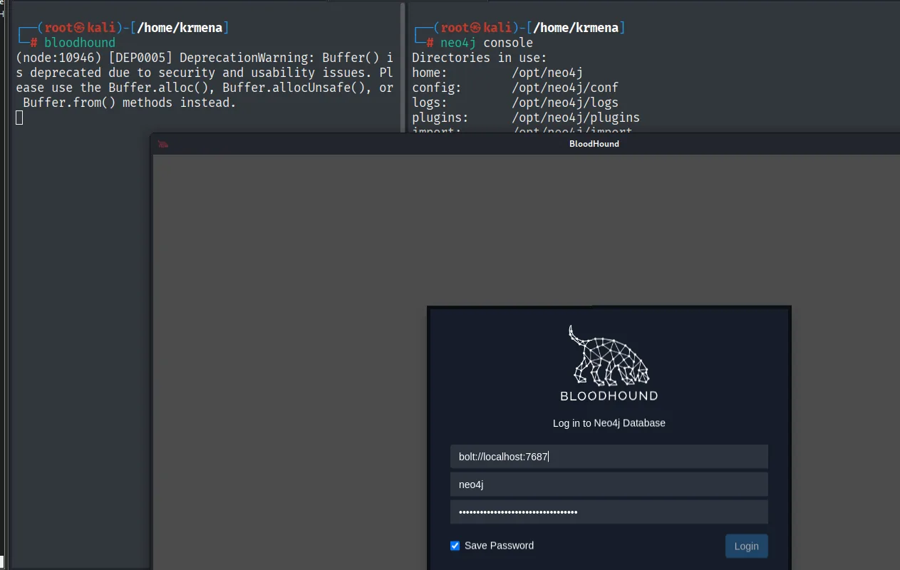 la ventana de login de BloodHound pidiendo bolt://localhost:7687 y el usuario neo4j, con las dos terminales de neo4j console y bloodhound detrás