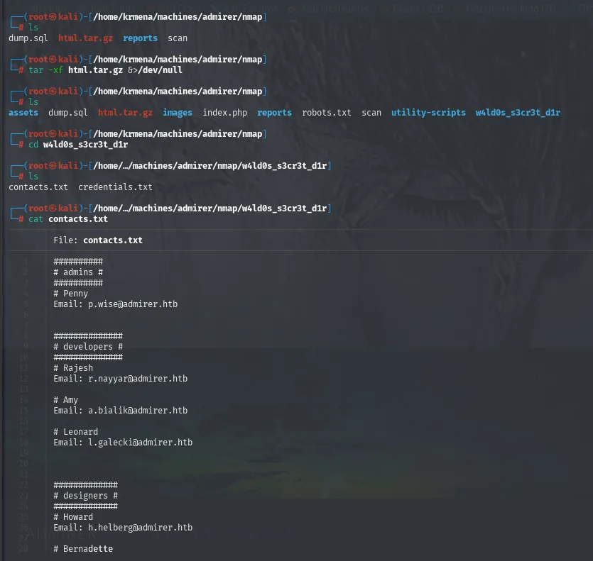 al descomprimir html.tar.gz aparece un directorio w4ld0s_s3cr3t_d1r con contacts.txt y credentials.txt, y otro utility-scripts
