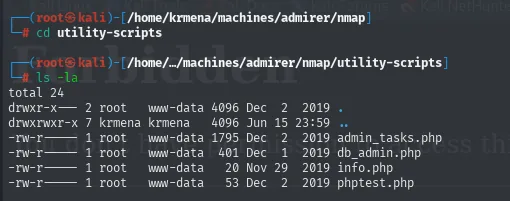 el listado de utility-scripts en la copia local muestra admin_tasks.php, db_admin.php, info.php y phptest.php