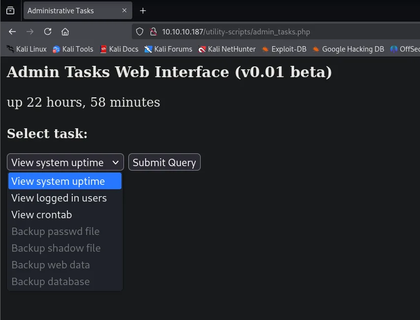 admin_tasks.php muestra un interfaz web de tareas administrativas con un desplegable donde las cuatro últimas opciones están en gris