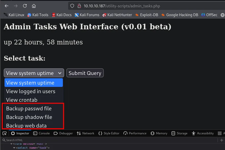 el desplegable ya muestra Backup passwd file, Backup shadow file y Backup web data como opciones seleccionables