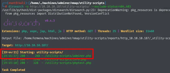 dirsearch sobre utility-scripts descubre adminer.php