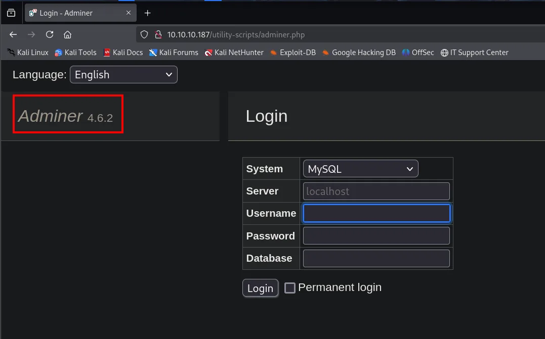 panel de login de Adminer 4.6.2 servido por la máquina, con campos System, Server, Username, Password y Database vacíos