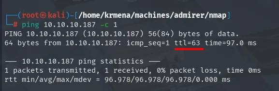 ping a 10.10.10.187 con respuesta ttl=63