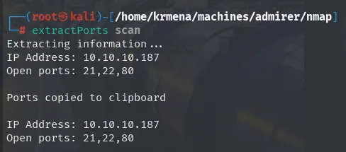 extractPorts imprime IP 10.10.10.187 y puertos 21,22,80 y los copia al portapapeles