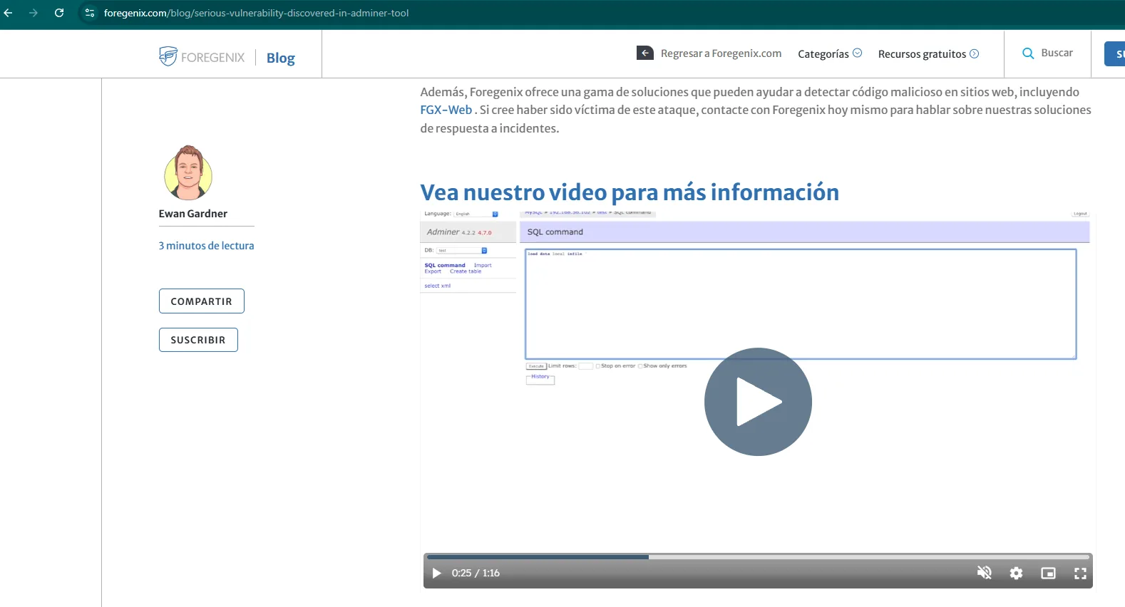 el artículo de Foregenix muestra la interfaz de Adminer ejecutando load data local infile