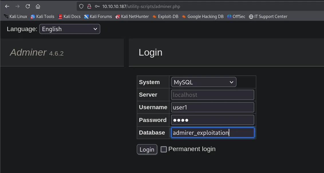 el formulario de login de Adminer relleno con el usuario user1 y la base admirer_exploitation