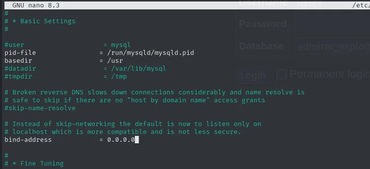 en 50-server.cnf la directiva bind-address queda con el valor 0.0.0.0