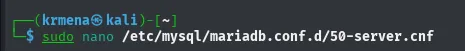 se edita el fichero de configuración 50-server.cnf de MariaDB con nano