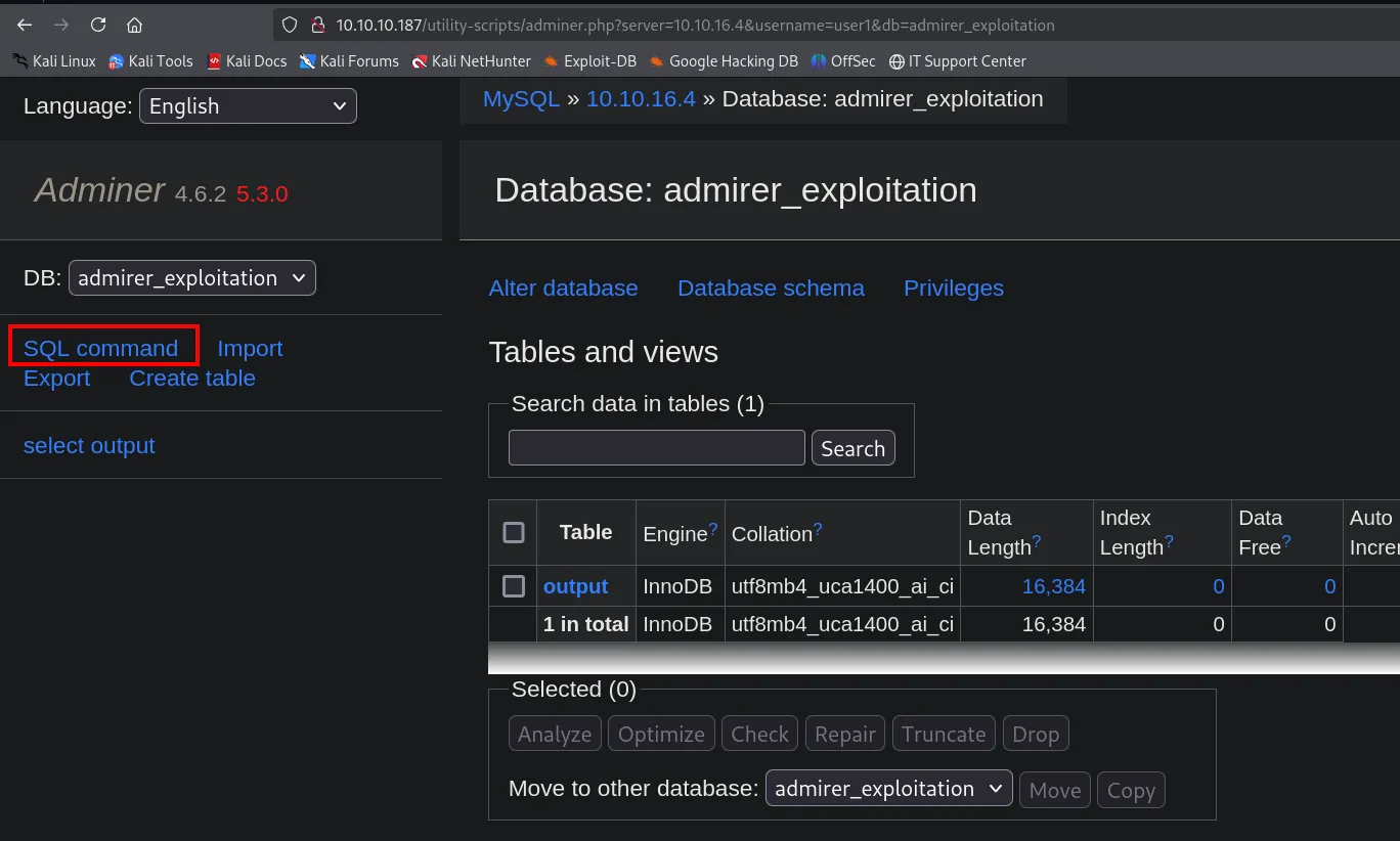 Adminer conectado a MySQL en 10.10.16.4, mostrando la base admirer_exploitation con la tabla output y el enlace SQL command