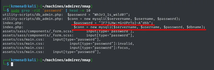 grep recursivo por password encuentra credenciales en utility-scripts/db_admin.php y en index.php