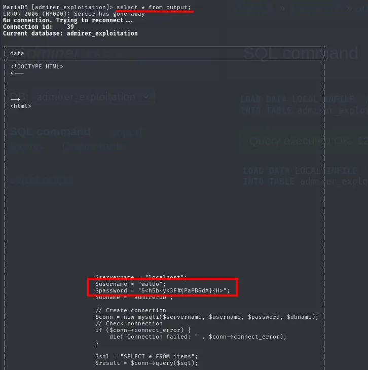 select sobre la tabla output revela el index.php en producción con usuario waldo y su contraseña