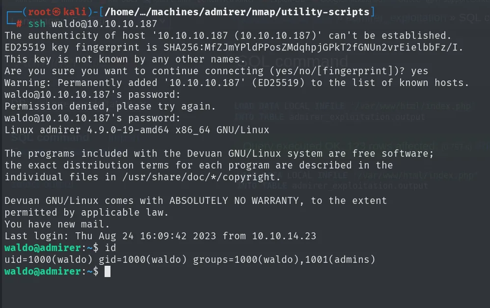 ssh como waldo: el primer intento con la contraseña antigua es rechazado y el segundo entra; id devuelve uid=1000(waldo) y el grupo admins
