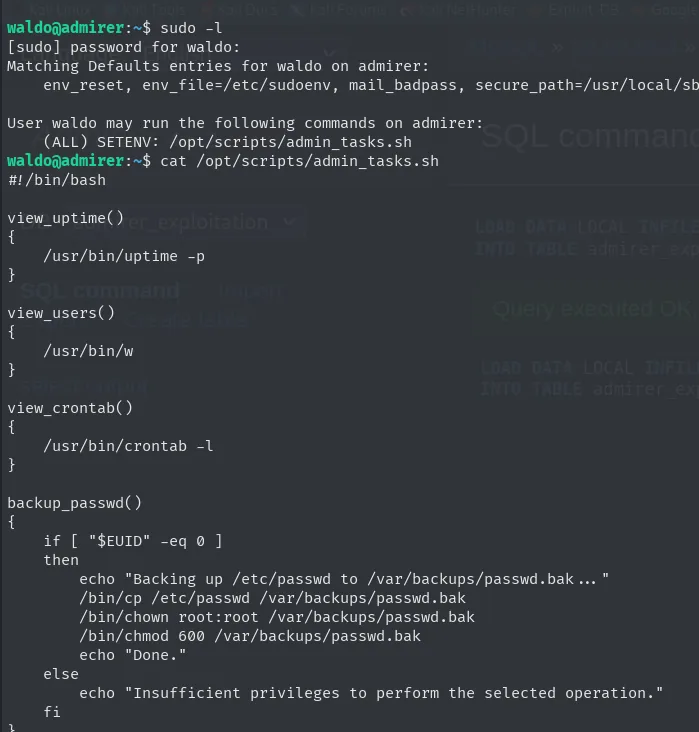 sudo -l muestra SETENV sobre admin_tasks.sh y el comienzo del script con las funciones view_uptime, view_users, view_crontab y backup_passwd